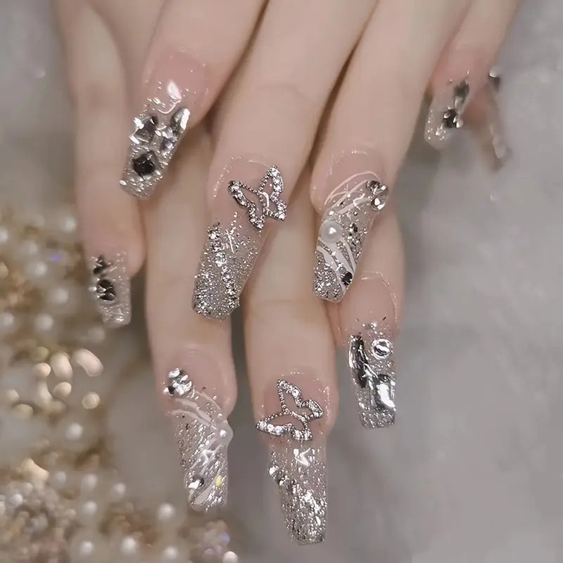 Luxurious Silver Glitter with 3D Butterfly Nails