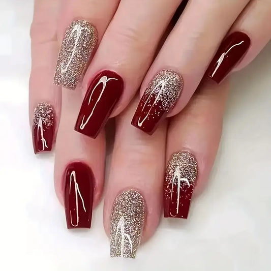 Elegant Red and Gold Glitter Coffin Nail