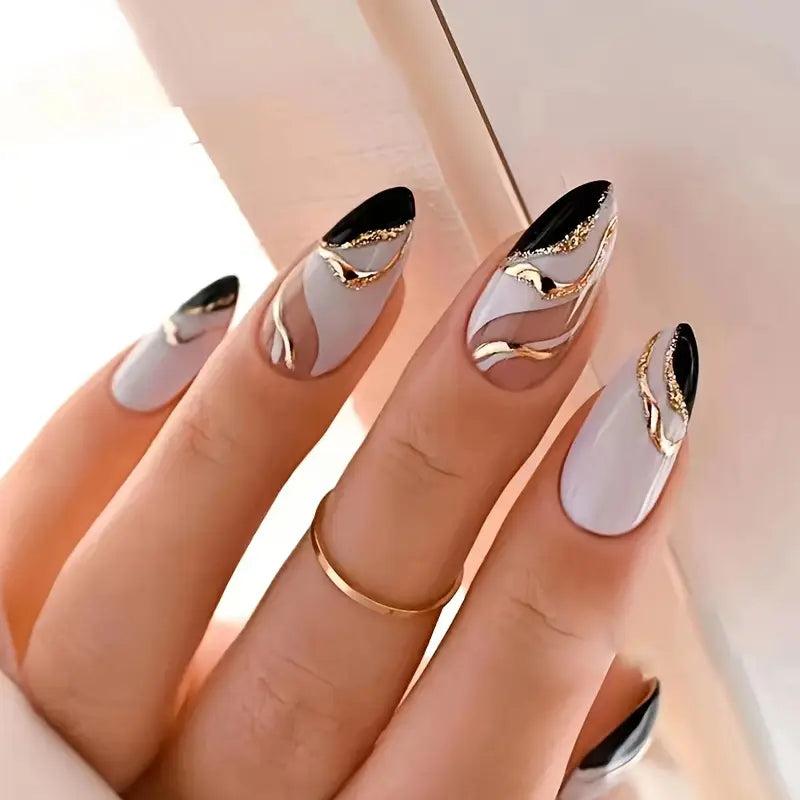 Chic Black and Gold Abstract Accent Nails