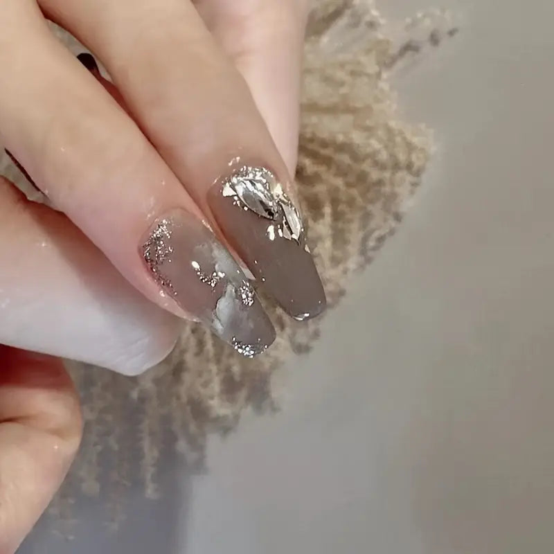 Elegant Marble Gray Nails with Glitter and Rhinestone