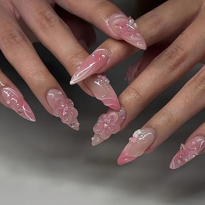 3D Floral Pink Acrylic Nails