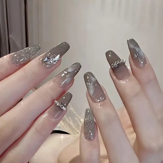 Elegant Marble Gray Nails with Glitter and Rhinestone