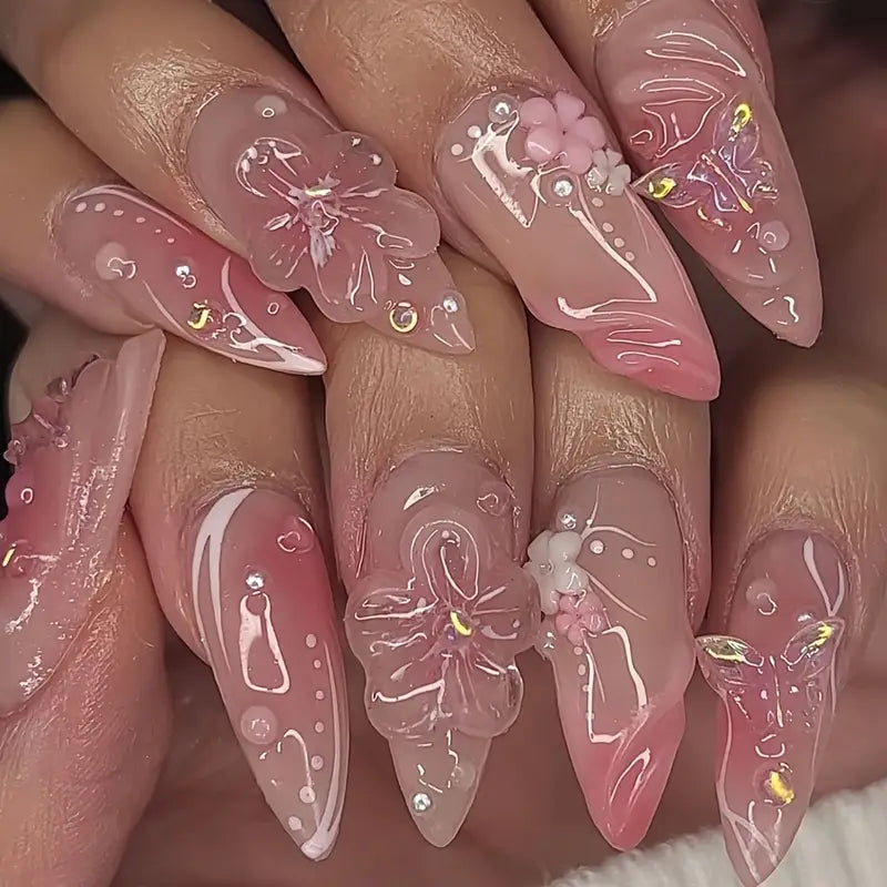 3D Floral Pink Acrylic Nails