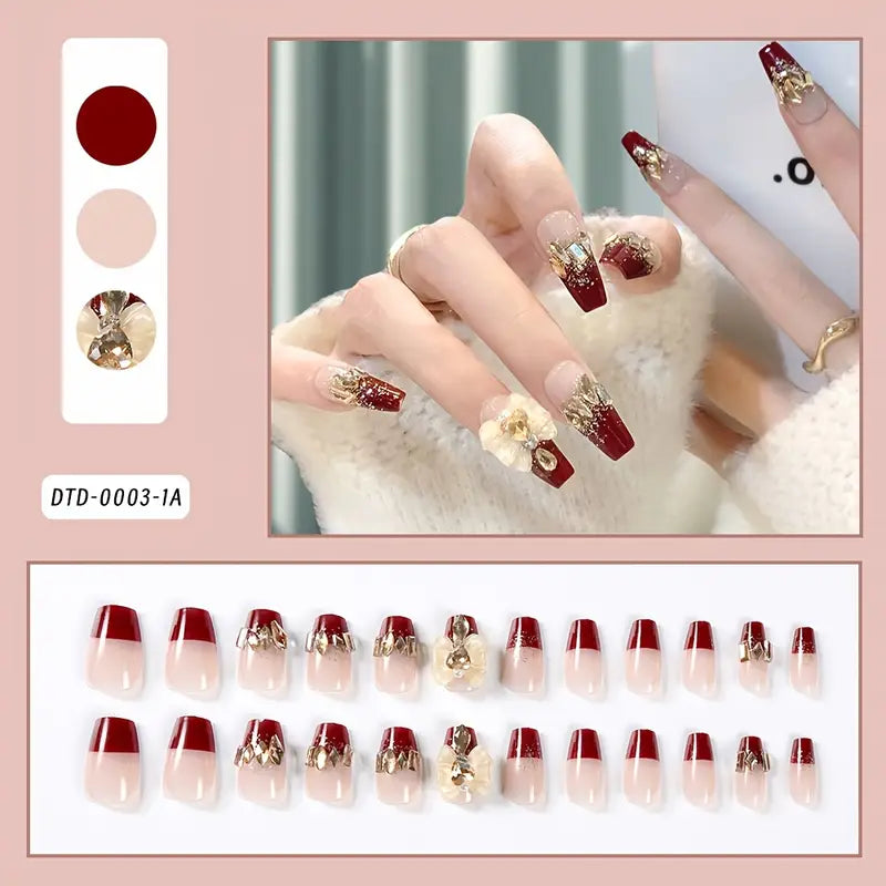 Elegant Red and Nude Gradient Press-On Nails with Gold Embellishments