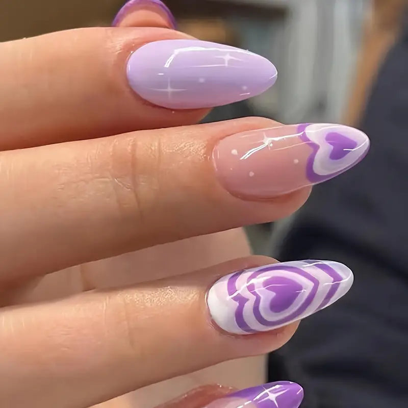 Blue & Purple Patterned Nails with Floral and Heart