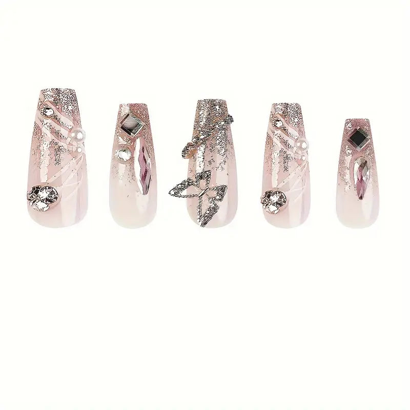 Luxurious Silver Glitter with 3D Butterfly Nails