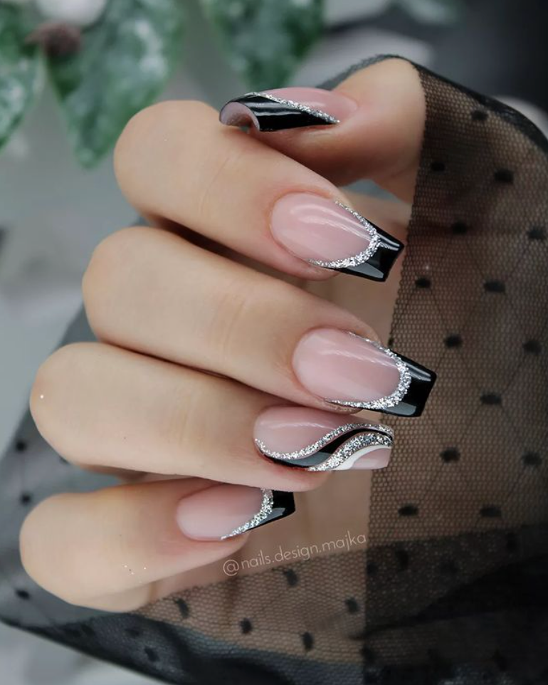 Chic Black and Nude French Nails with Glitter Accents