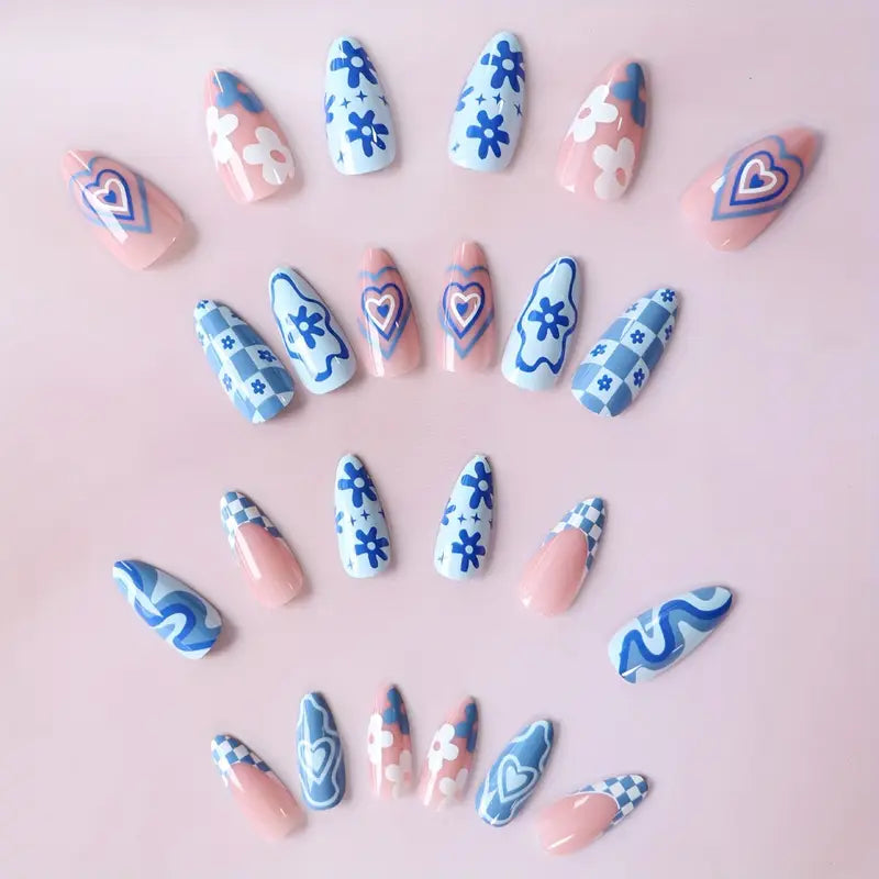 Blue & Purple Patterned Nails with Floral and Heart