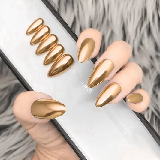 Metallic Gold Chrome Almond Nails