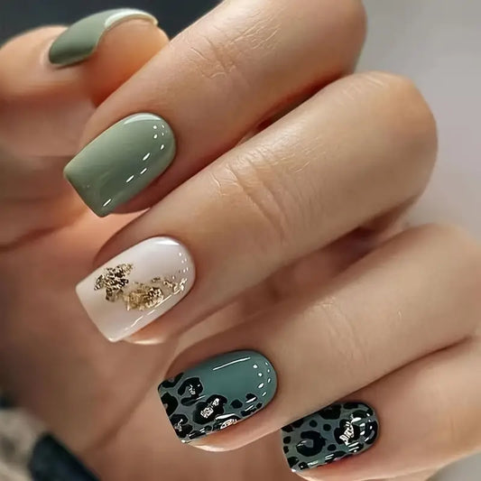 Chic Green and Leopard Accent Nail