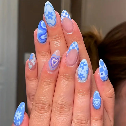 Blue & Purple Patterned Nails with Floral and Heart