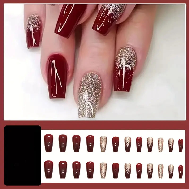 Elegant Red and Gold Glitter Coffin Nail