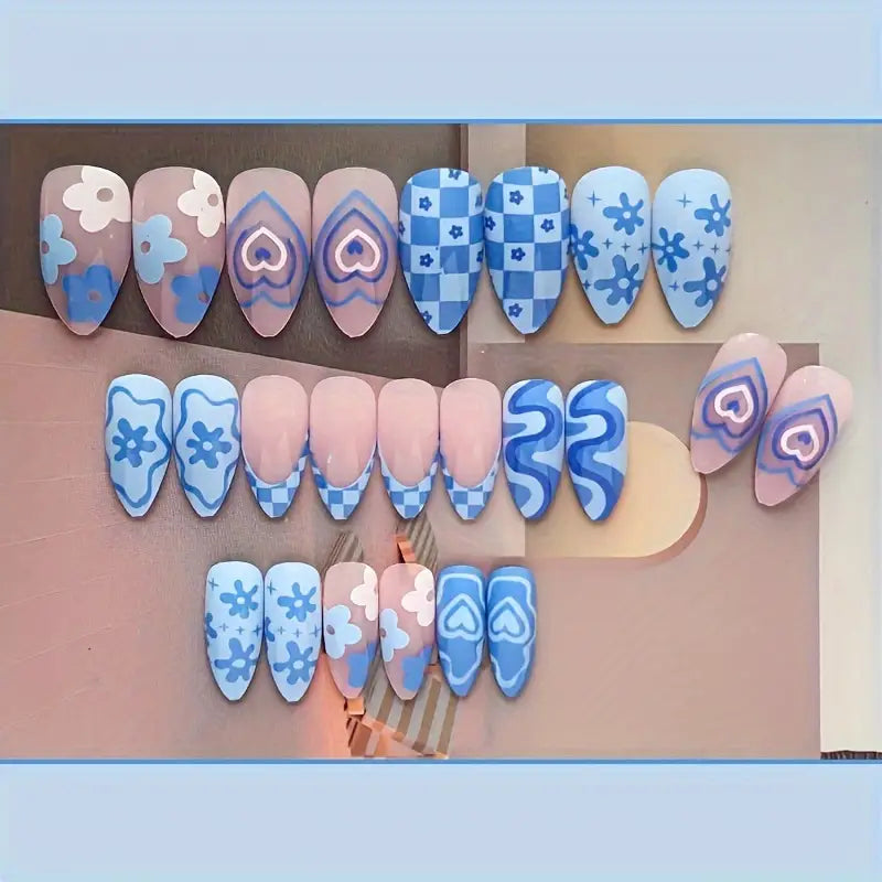 Blue & Purple Patterned Nails with Floral and Heart